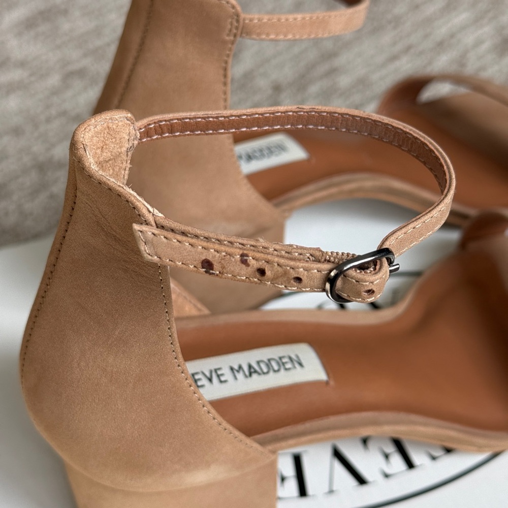 Steve Madden Irenee Tan Nubuck Suede Block Heel Sandals with Ankle Strap - Picture 5 of 7